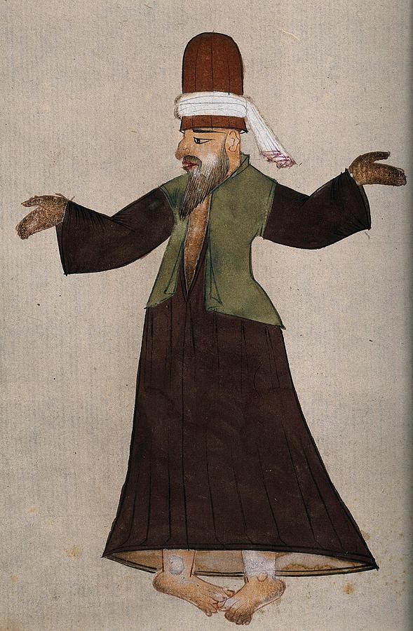 A Mevlevi, or whirling dervish, performing a ritual mystic dance. Drawing, ca. 1850 Painting by Artistic Rifki