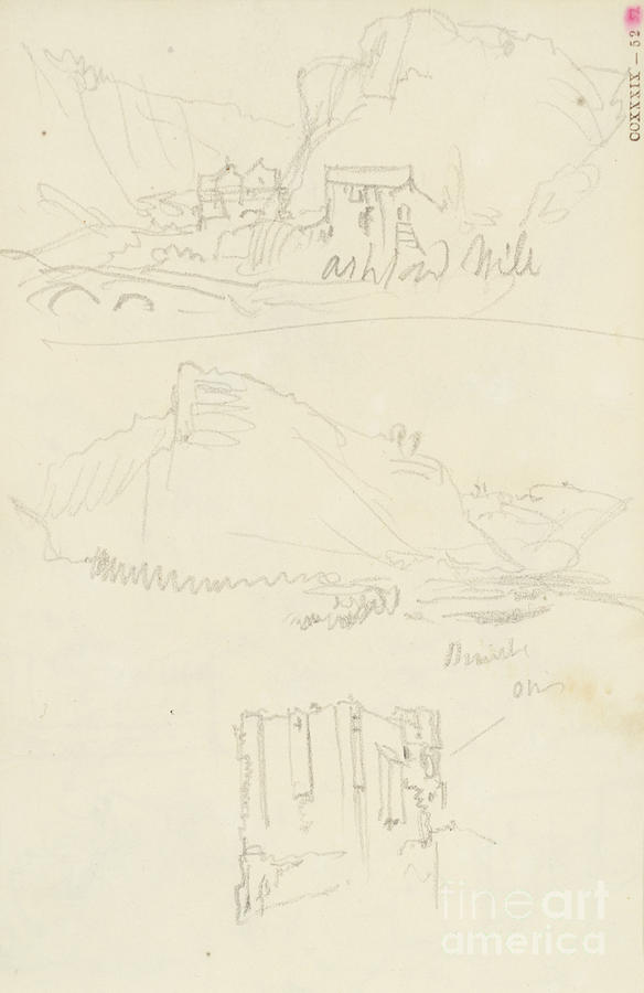 Castle Drawing - A Mill at Ashford in the Water a Peak District Hill the Keep of Peveril Castle by Joseph Mallord William Turner