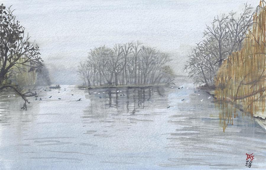 A misty winter morning in Regents Park London UK Painting by Francisco Gutierrez