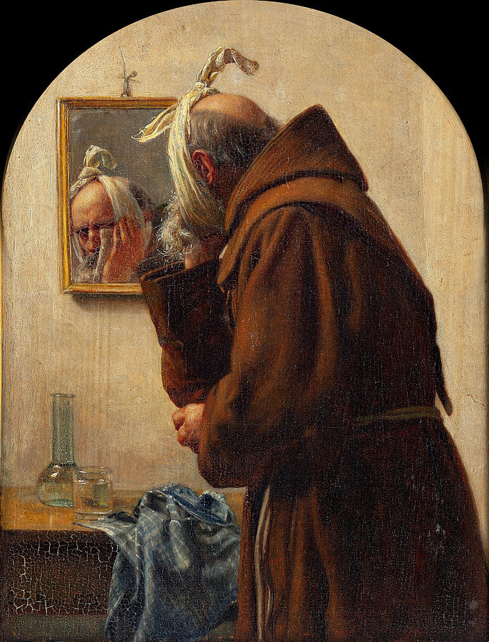 A monk examines himself in a mirror Painting by Carl Bloch