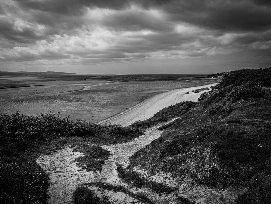 A mono view from cliffs overlooking the Dee Estuary towards North Wales ...