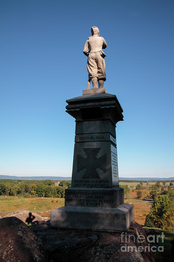 A monument to the 155th Pennsylvania Volunteers on top of Little Round Top at Gettysburg battlefield Photograph by William Kuta