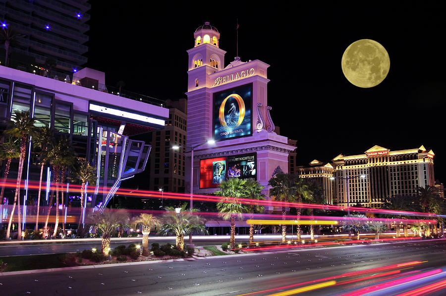 Tree Digital Art - A Moon Over the Bellagio, Las Vegas, NV, USA by Derrick Neill