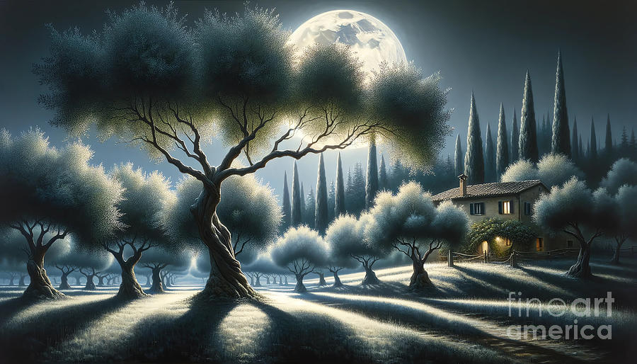 Nature Painting - A moonlit grove of olive trees, with a rustic farmhouse in the Italian countryside. by Jeff Creation