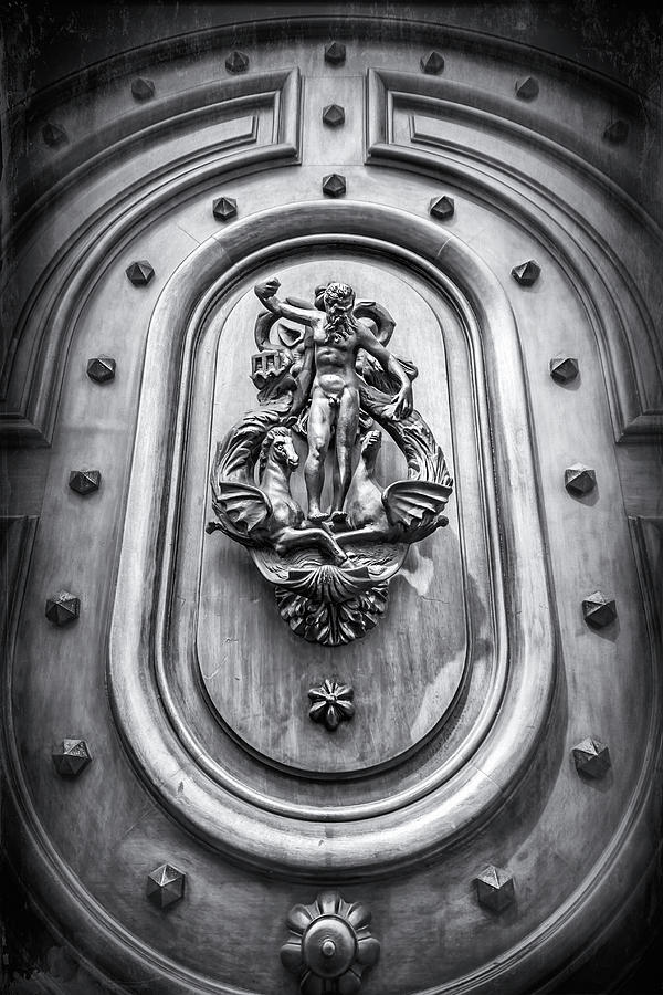 A Most Unusual Door Knocker Geneva Old Town Black and White Photograph by Carol Japp
