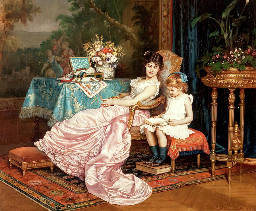 A Mother And Her Daughter Reading  Painting by Auguste Toulmouche