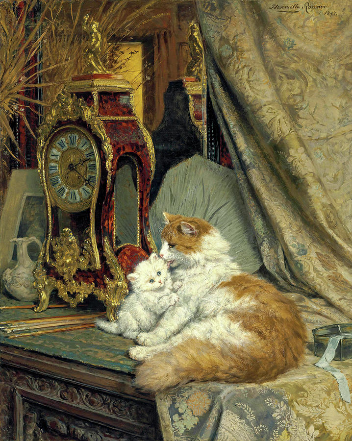 A Mother Cat and her Kitten with a Bracket Clock 1897 Painting by Henriette Ronner-Knip