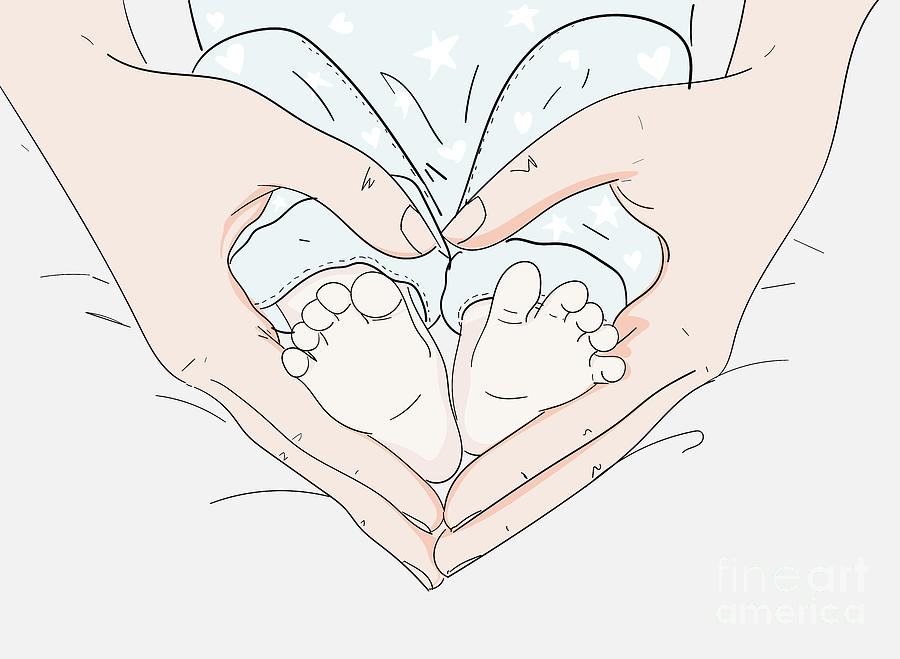 A Mother Touches Her Babies Feet - Line Art Graphic Illustration Artwork Digital Art by Sambel Pedes