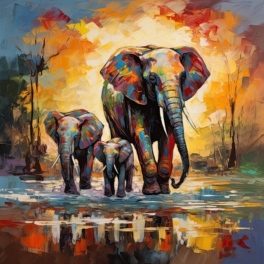 A Mothers Love - COlorful Elephant Art Painting by Lourry Legarde