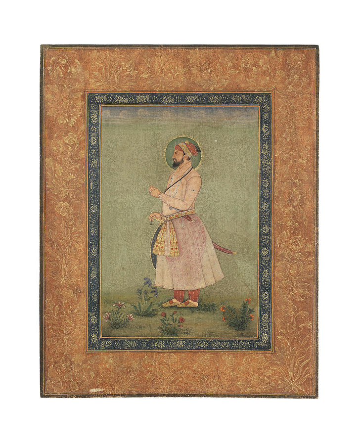 A MUGHAL EMPEROR STANDING IN A LANDSCAPE, HOLDING A FLOWER Mughal, late 18th Century Painting by Artistic Rifki