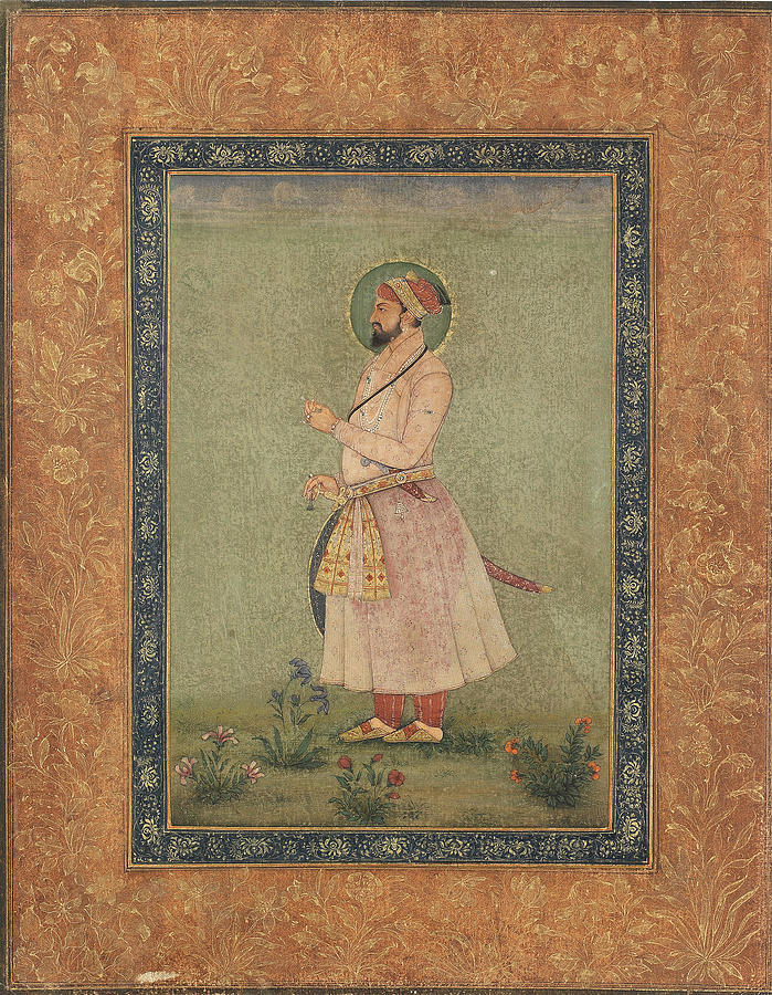 A MUGHAL EMPEROR STANDING IN A LANDSCAPE, HOLDING A FLOWER Mughal, late 18th Century - Copy Painting by Artistic Rifki