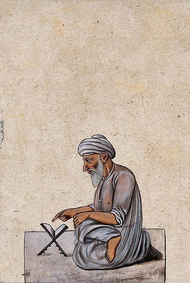 A mullahreading a book. Gouache painting by an Indian artist.. Painting by Artistic Rifki