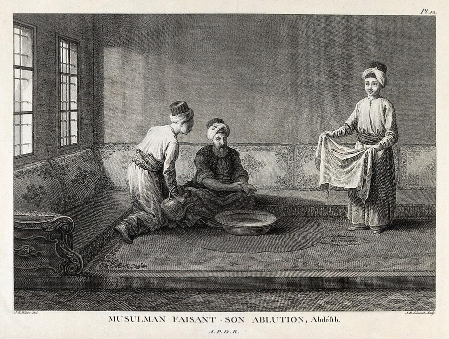 A Muslim man at his ablutions being attended by two servants. Engraving by J.B. Simonet after J.B. H Painting by Artistic Rifki