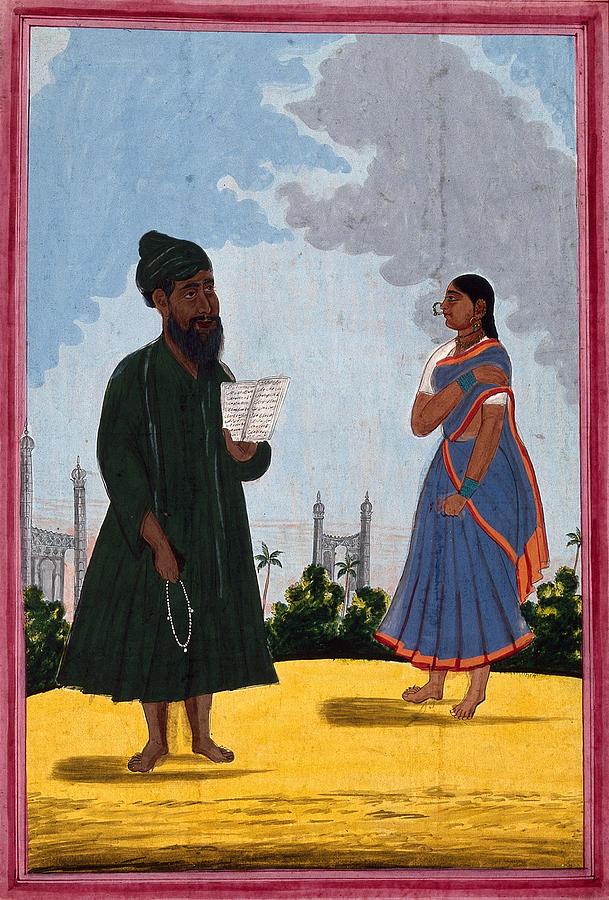 A Muslim priest and a woman, with mosques and minarets in the background. Gouache drawing Painting by Artistic Rifki