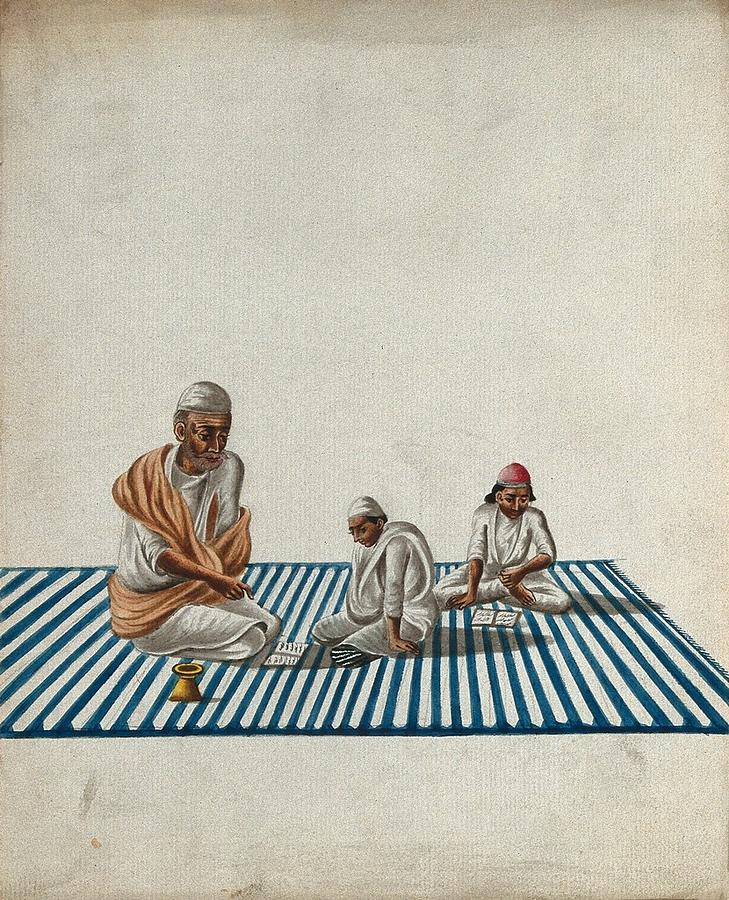 A Muslim teacher giving lessons to two children. Gouache painting by an Indian artist Painting by Artistic Rifki