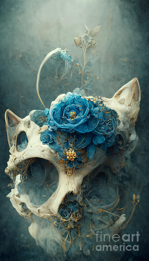 A Mutant Cat Skull With Roses Digital Art