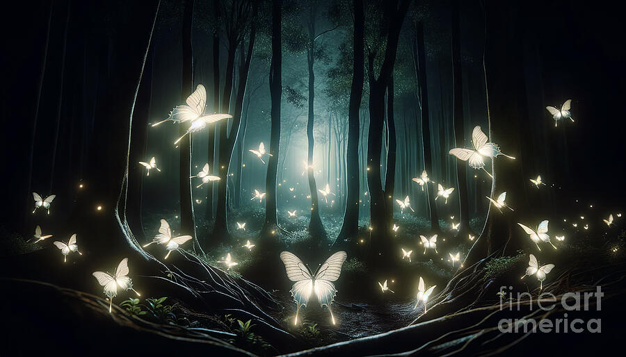 A mystical forest at night illuminated by the enchanting glow of blue butterflies Digital Art by Odon Czintos