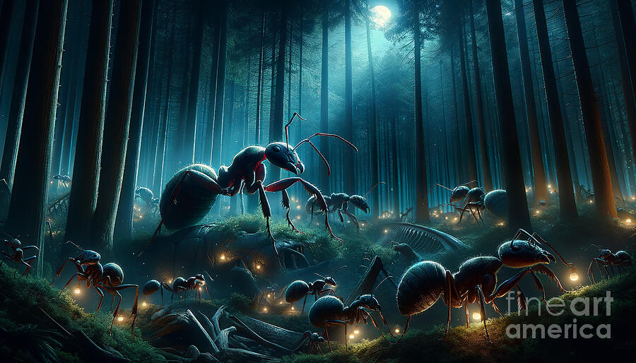 A mystical forest scene at night with oversized ants Digital Art by Odon Czintos