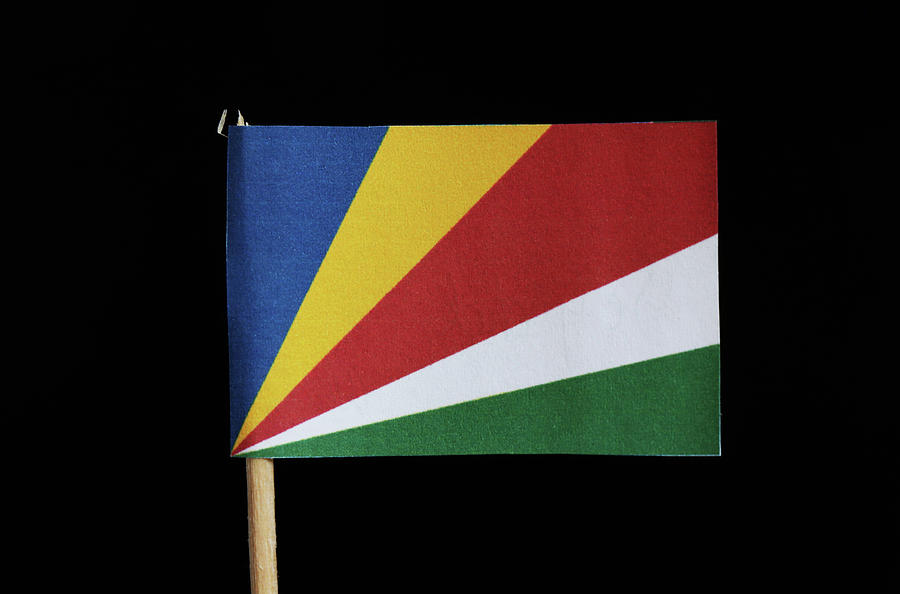 A national flag of Seychelles on toothpick on black background. Consists from five oblique bands of blue, yellow, red, white and green radiating from the bottom of the hoist side Photograph by Vaclav Sonnek