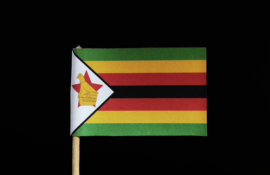 A national flag of Zimbabwe on toothpick on black background. Flag contain five colours. Red, black, green, yellow, white Photograph by Vaclav Sonnek