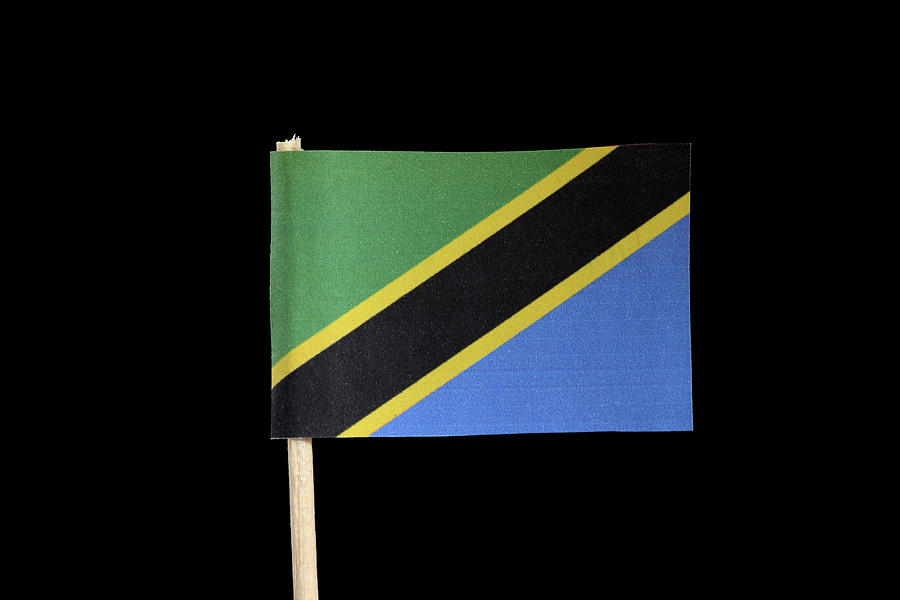 A national official flag of Tanzania on toothpick on black background. A yellow edged black diagonal band. Upper triangle is green and the lower is blue Photograph by Vaclav Sonnek