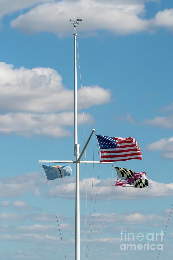 A nautical flagpole flies the US, Maryland and Talbot County fla Photograph by William Kuta
