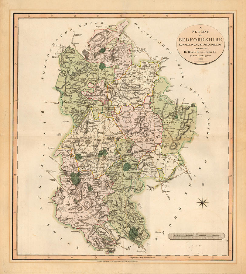 A New Map of Bedfordshire Divided Into Hundreds Exhibiting Its Roads ...