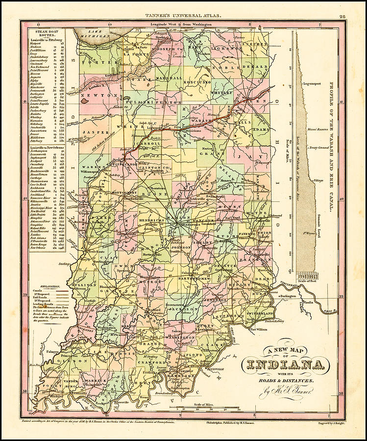 A New Map Of Indiana with its Roads Distances. 1836 by H.S. Tanner ...