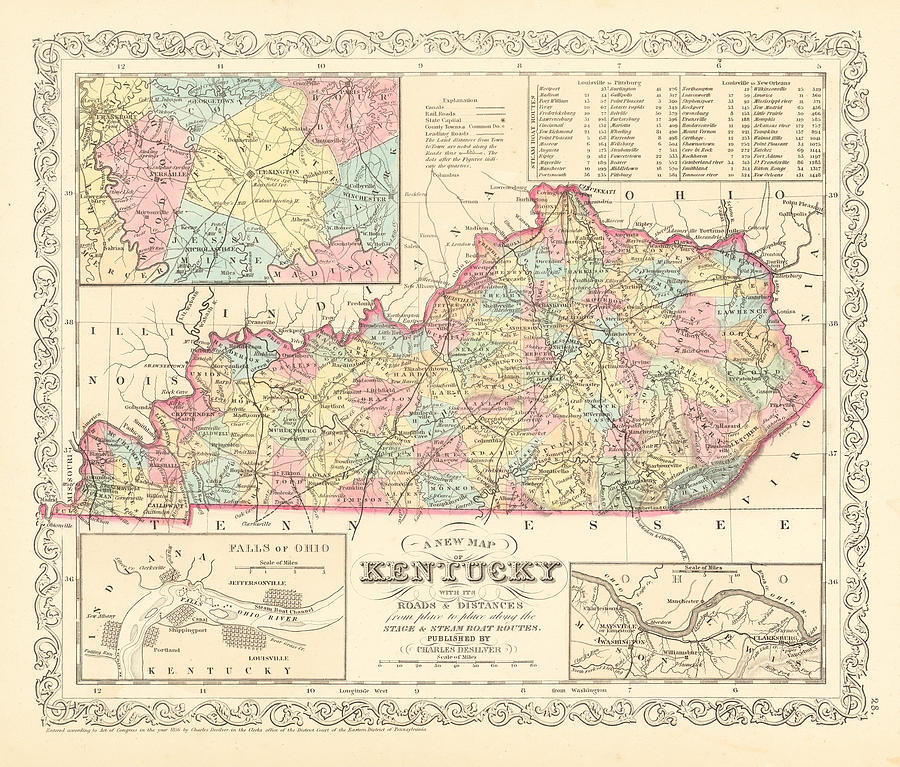 A New Map Of Kentucky With Its Canals Roads Distances From Place To 