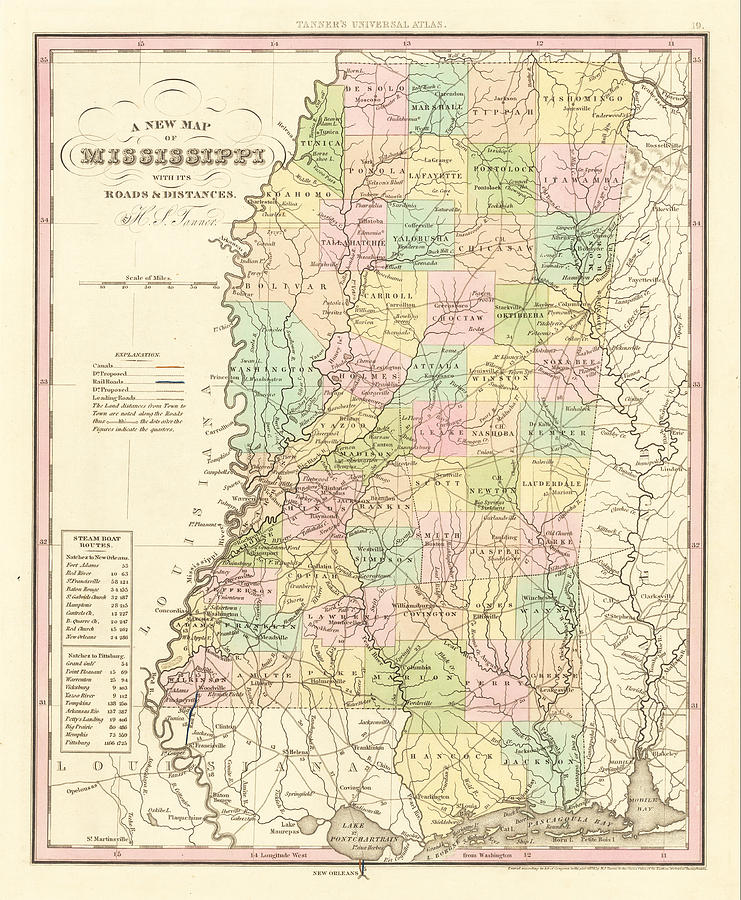 A New Map Of Mississippi With Its Roads Distances By H S Tanner ...