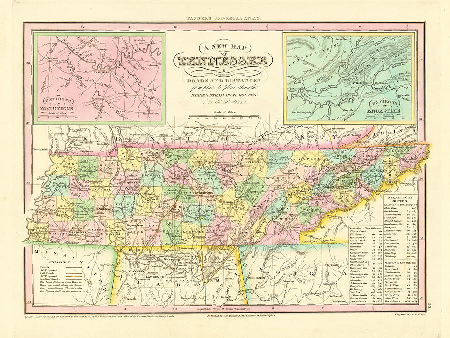 A New Map of Tennessee with its Roads Distances from palce to place ...