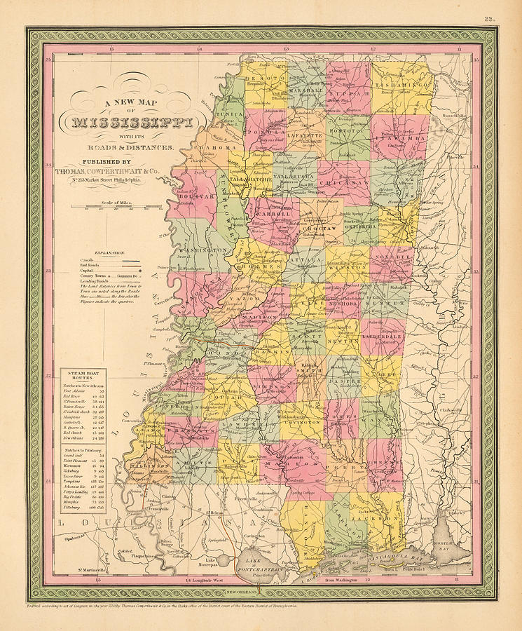 A New Map Of The State Of Mississippi with its Roads Distances