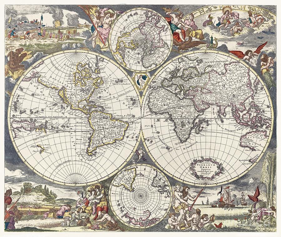 A new map of the whole world 1660 by Justus Danckerts. Painting by Shop ...