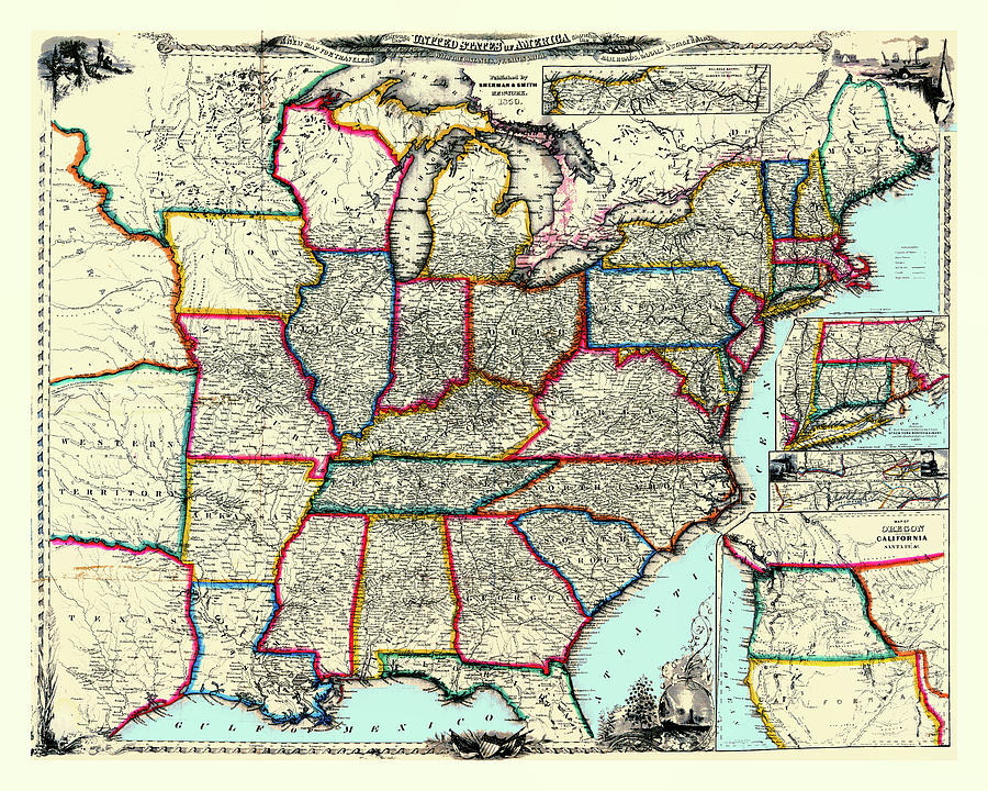 New Map of US Railways, Canals, and Stage Roads 1850 Digital Art by Chuck Mountain