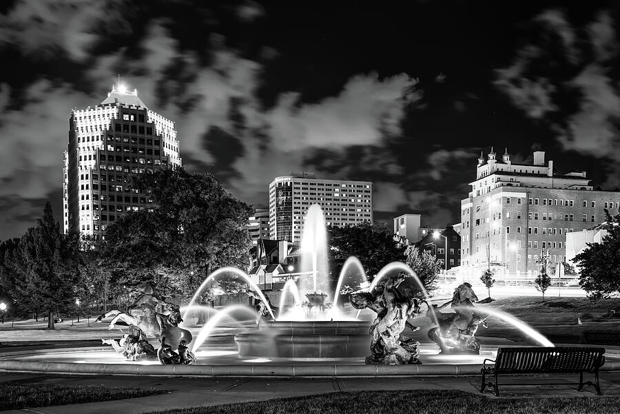 Black And White Photograph - A Night at J.C. Nichols Memorial Fountain - Kansas City Plaza - Monochrome by Gregory Ballos