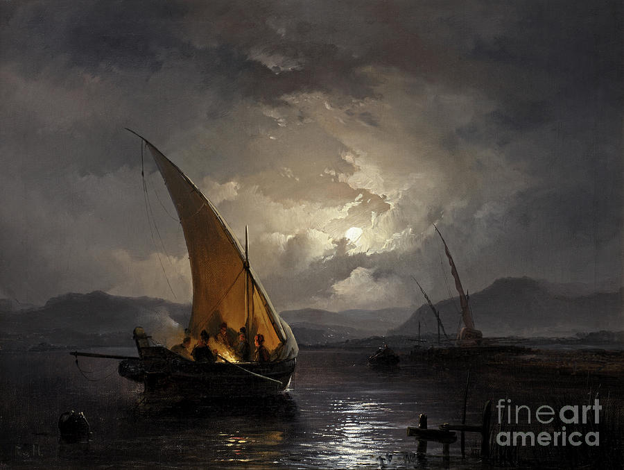 Boat Painting - A night landscape with a sailboat where a fire is being lit, by Remigius van Haanen