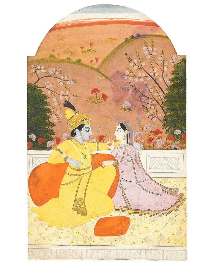 A nobleman and his mistress seated on a terrace Kangra or Garwhal, mid-19th Century Painting by Artistic Rifki