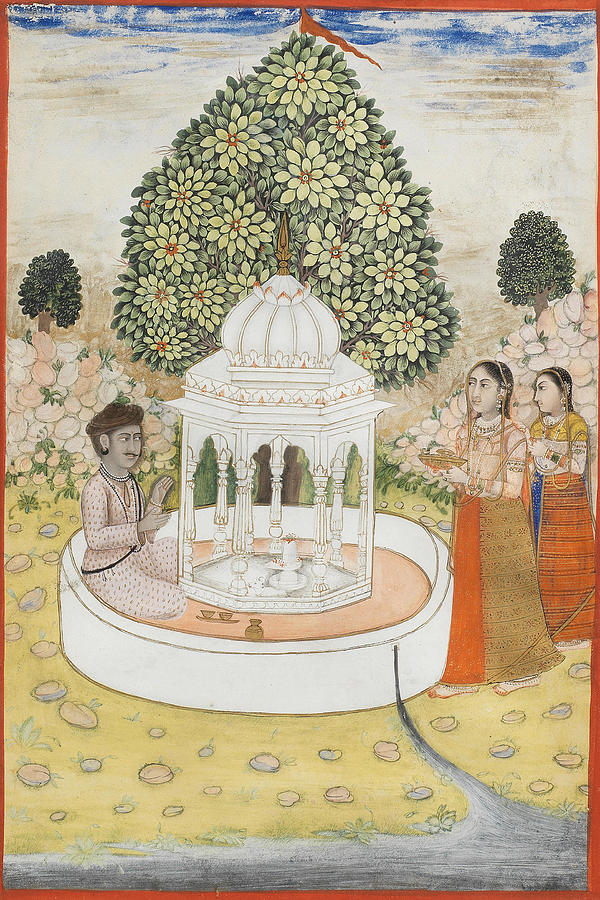 A NOBLEMAN AND MAIDENS MAKING OFFERINGS AT A LINGAM SHRINE Provincial Mughal, Deccan, late 18th Cent Painting by Artistic Rifki