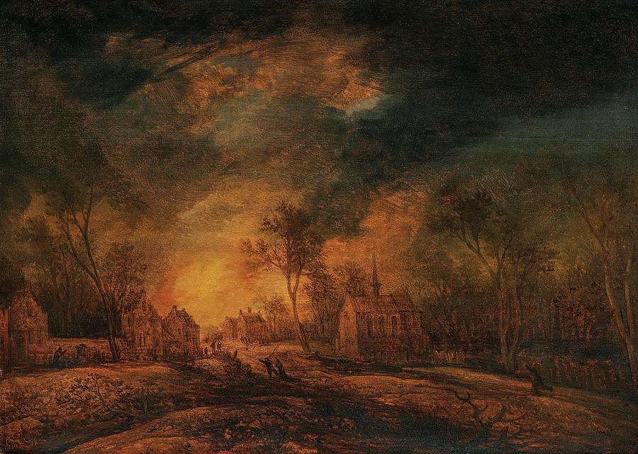 A Nocturnal Landscape With A Blaze Painting