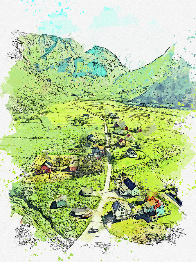 A nordic village, watercolor, ca 2020 by Ahmet Asar Digital Art by Celestial Images