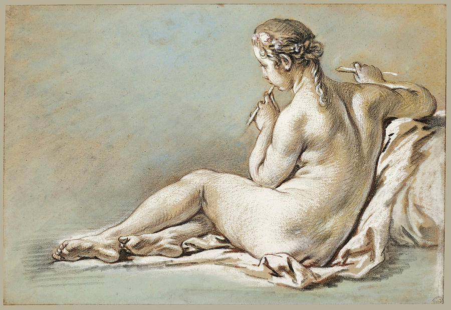 A nude woman playing a flute, seen from behind Drawing by Francois Boucher