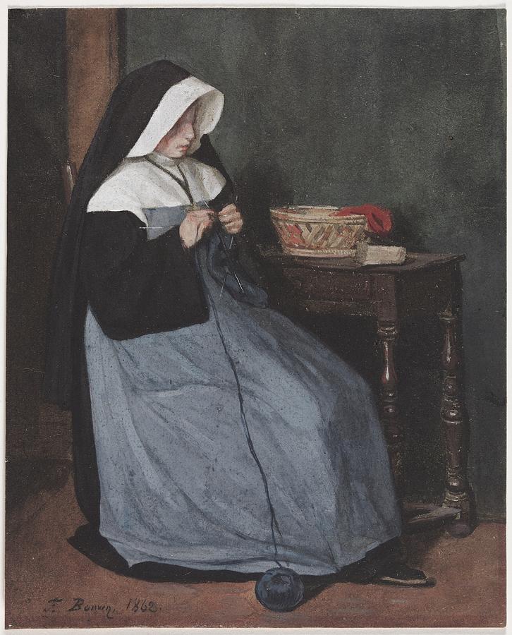 A Nun Seated at a Table Knitting 1862  Bonvin French 1817 to 1887 Painting by MotionAge Designs
