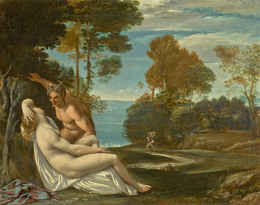 Greek Mythology Painting - A nymph and satyr in a landscape by Follower of Annibale Caracci