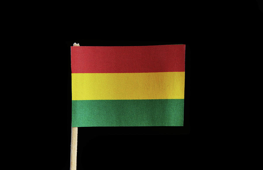 A Official Flag Of Bolivia  On Toothpick On Black Background. A Horizontal Tricolor Of Red, Yellow And Green With The National Coat Of Arms Centered On The Yellow Band Photograph