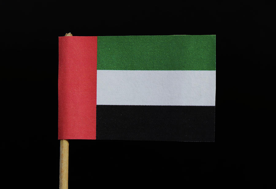A official flag of the united arab Emirates on toothpick on black background. A horizontal tricolour of green, white and black with a vertical red bar at the hoist Photograph by Vaclav Sonnek