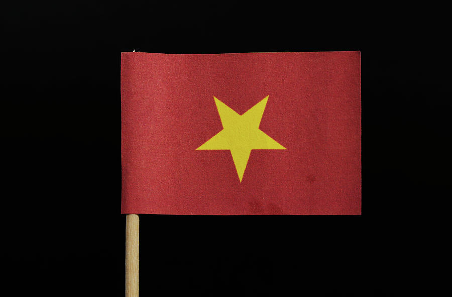 A official flag of Vietnam on toothpick on black background. 	A large yellow star centered on a red field Photograph by Vaclav Sonnek