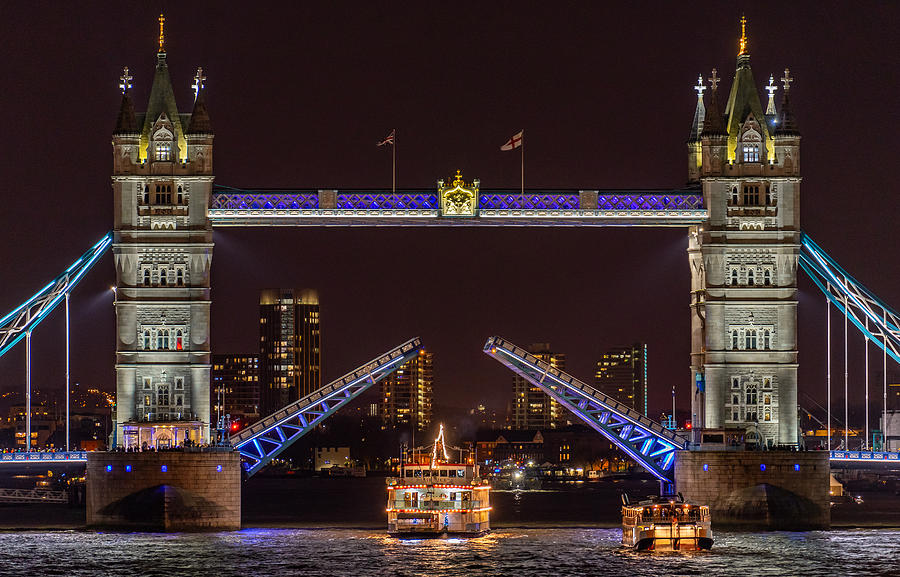 A Paddle Steamer, Dixie Queen, Passing Tower Bridge On A Beautiful Night. Photograph