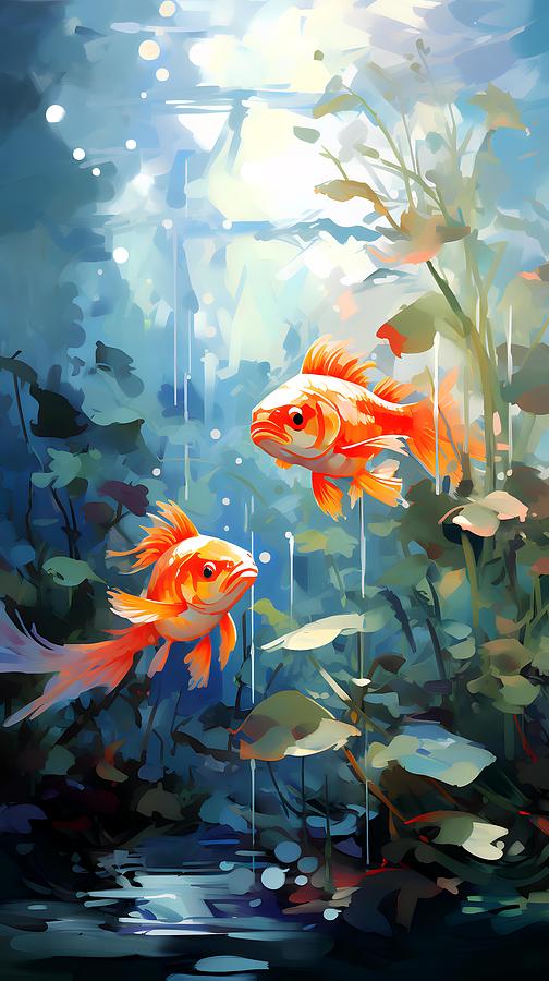 A Painting Of A Pond With Two Fish Swimming Digital Art By Owl Gallery 