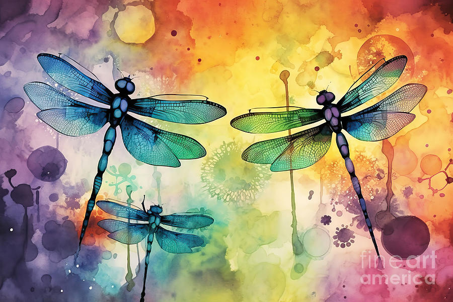 Nature Painting - A Painting Of Three Dragonflies On A Colorful Background With Wa by N Akkash