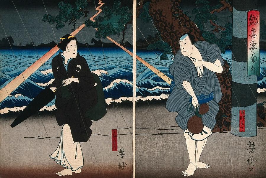 A pair of actors by a lake in a storm. Colour woodcut by Yoshitaki, early 1860s Painting by Artistic Rifki